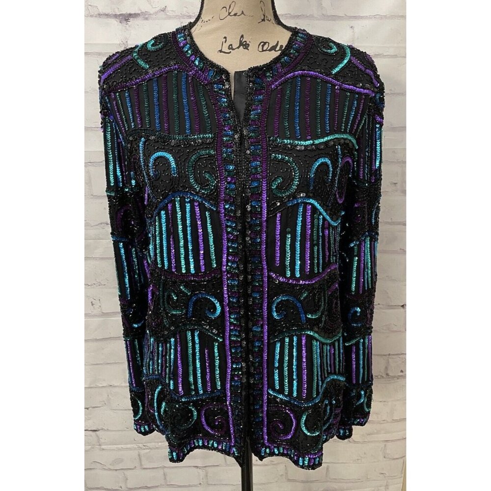 Brilliante by J.A. Jacket‎ top Med Black Purple Green Silk Sequin Beaded Coctail
